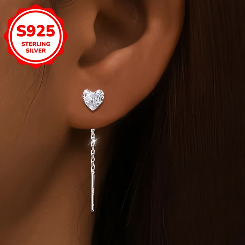Women's S925 Silver Heart-Shaped Zirconia Tassel Pendant Earrings